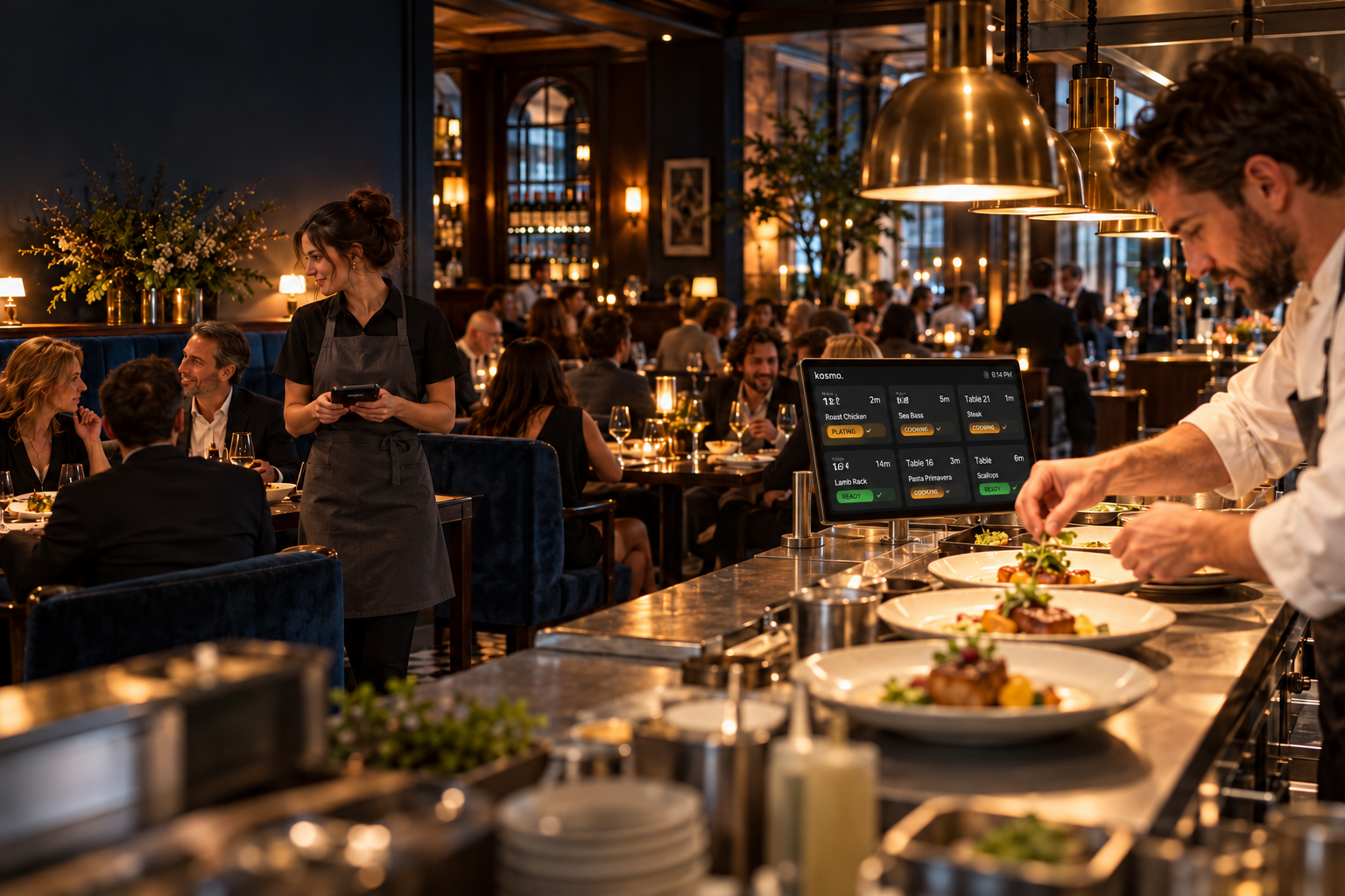 Illustrative restaurant scene with a Kosmo-branded handheld and a busy illustrative Kosmo kitchen display beside the chef